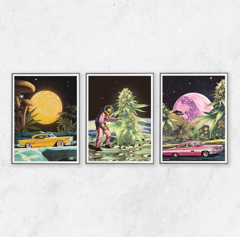 May include: Set of three framed art prints. Each print features a retro-style illustration with a space theme. One shows a yellow car, another an astronaut, and the third a pink car, all with cannabis plants and celestial bodies.