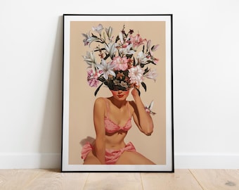 Blooming Mind Art Print: Retro Surreal Flower Poster, Recycled Cotton Canvas