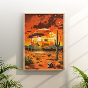 May include: A retro-style illustration of a disco ball in the desert with two flying saucers above it. The sky is orange and the ground is brown. There is a cactus in the foreground and a skull on the ground.