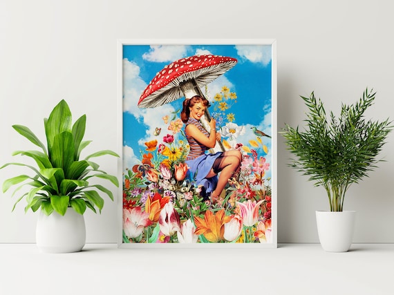 One With Nature - Trippy Mushroom Art Print: Vintage Space Collage