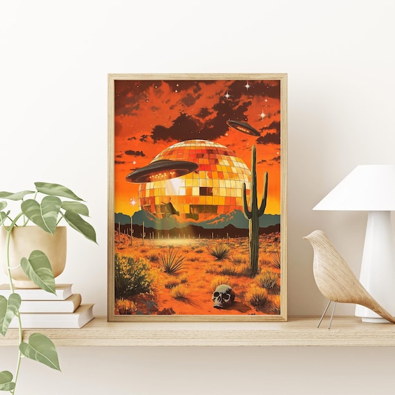 Wild Disco Land Art Print: UFO Cow Abduction, Retro Western Art