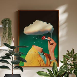 Annaffia la tua mente (sii gentile con la tua mente, arte surreale retrò, arte della cura di sé, poster di nuvole, arte murale psichedelica)