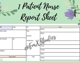 1 Patient Nurse Report Sheet, Colorful, Nurse brain sheet