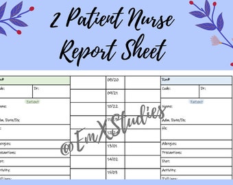 2 Patient Nurse Report Sheet, Night/Day Shift, nurse brainsheet, nurse brain report