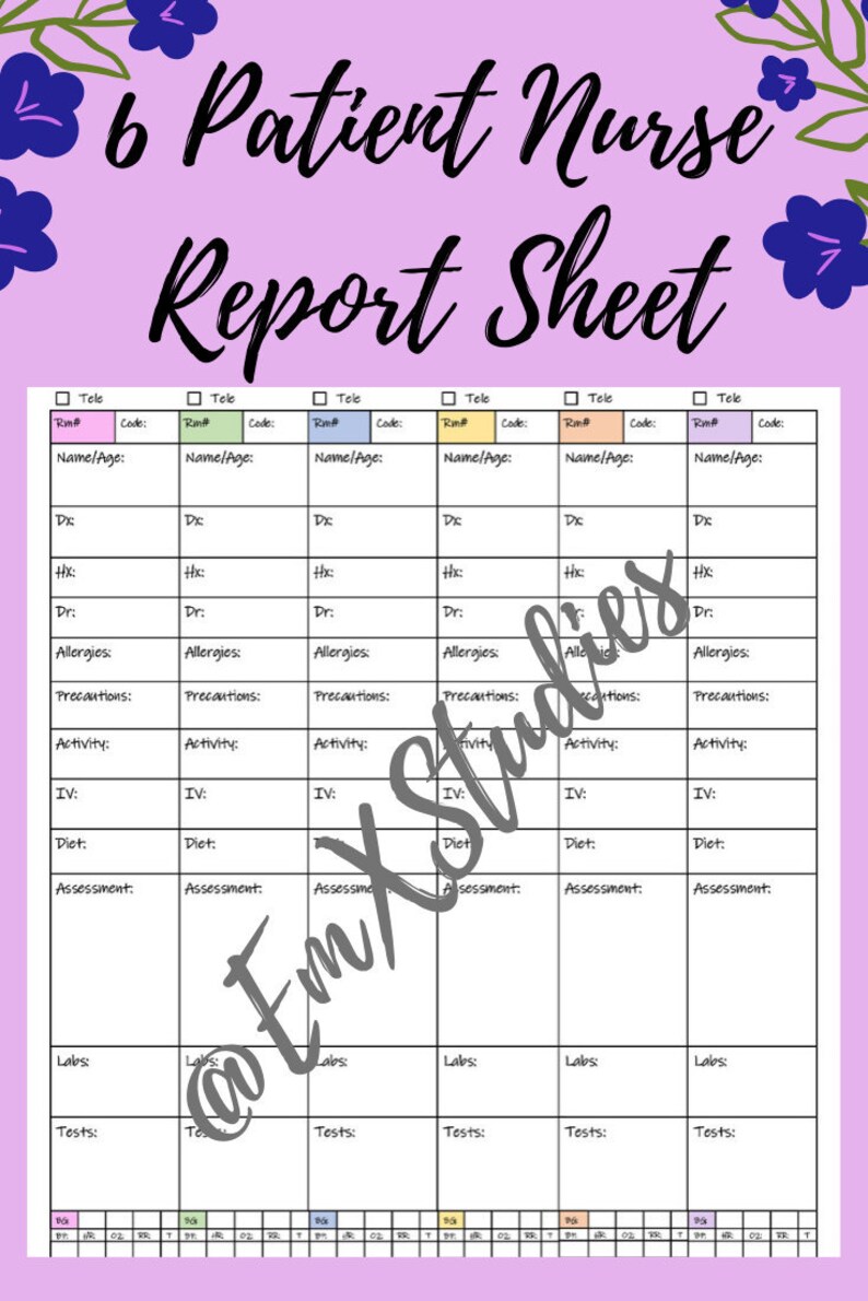 Front and Back 6 Patient Nurse Report Sheet Nurse brain | Etsy