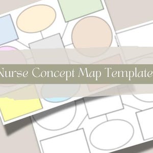 May include: A Nurse Concept Map Template featuring a central gray rectangle connected to various colored shapes including a light blue rectangle, a beige oval, a light green rectangle, a pink circle, and a yellow rectangle on a white background.