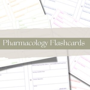 May include: A collection of pharmacology flashcards featuring white paper sheets with pre-printed fields for medical notes, organized with colored lines in orange, green, pink, and purple. The text Pharmacology Flashcards is centered in white.