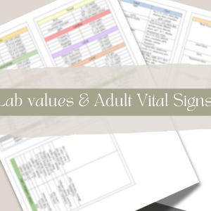 May include: A white document titled Lab values & Adult Vital Signs in a sage green banner. The page features organized tables with color-coded headers in yellow, red, purple, and orange, containing medical data and reference ranges for clinical use.
