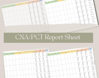 May include: A CNA/PCT Report Sheet document featuring a grid layout with columns for patient information, vitals, and daily tasks. The form includes headers for room, name, weight, intake, output, and frequency, organized in a clean, structured table format.