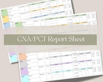 Könnte beinhalten: Ein Stapel gedruckter CNA/PCT Report Sheet Dokumente mit einem Rasterlayout, farbcodierten Abschnitten für Personalnamen, Aktivitätsverfolgung und Kontrollkästchen für Patientenpflegeaufgaben in einem professionellen Format.