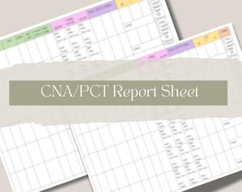 Könnte beinhalten: Ein CNA/PCT-Berichtsblatt mit einem Rasterlayout, weißen Zellen und farbigen Kopfzeilen in Grün, Lila, Gelb und Orange. Das Dokument enthält Spalten für Patientendaten, Vitalwerte und Pflegeaufgaben, die für die klinische Berichterstattung.