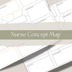 May include: A Nurse Concept Map template featuring white rectangular boxes with thin colored borders, connected by thin black lines for organizational flow. The document includes text labels and a central sage green banner with the text Nurse Concept Map.