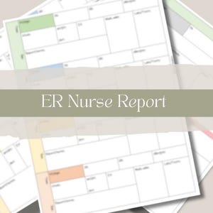 May include: A stack of printed ER Nurse Report forms featuring white paper with black grid lines and various pastel-colored sections. The text ER Nurse Report is displayed in white font over a horizontal sage green rectangular banner overlay.