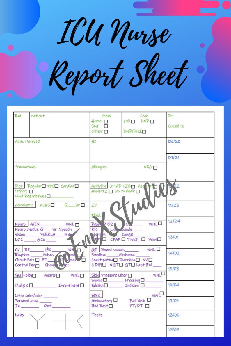 1 Patient Nurse Report Sheet Detailed ICU report sheet | Etsy