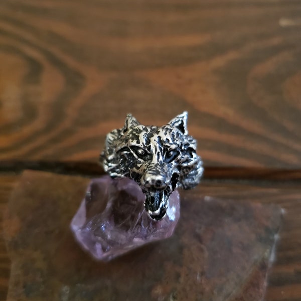 Wolf head ring sterling silver- snarling wolf ring