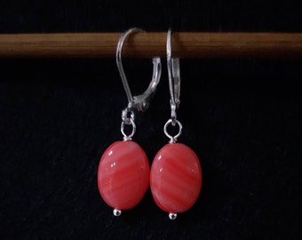 hot orange earrings • small dangle oval • simple • girly • sterling leverback • set • necklace • handmade simple jewelry