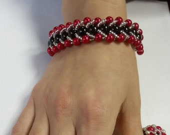 red-black-white beaded bracelet • woven american tourniquet • layered beaded braid wrist • beadwork statement jewelry for womens