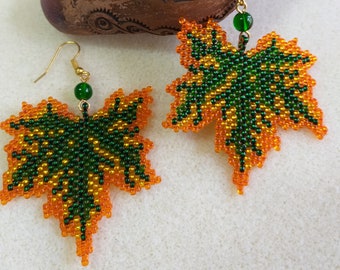 big beaded leaf earrings • sparkly green-orange handmade beadwork jewelry for women