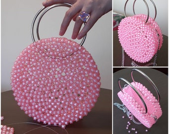 round bead handbag • pink circle bag • party • evening • summer • transparent • cocktail  bag • long chain • handmade designer girly gift