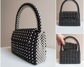 schwarz-silber Perlen Handtasche • kleine Abendtasche • Feier elegante Damentasche • Designer Partytasche • handgemachte kreative Tasche • trendy • Geschenk