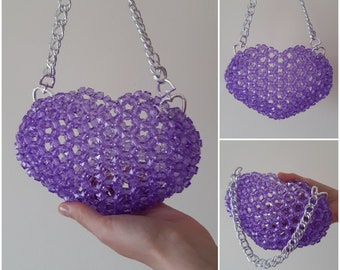 bolso de mano lila • bolso con forma de corazón • bolso pequeño de cristal • fiesta femenina • nupcial • boda • bolso de noche • regalo de diseñador • accesorio de celebración