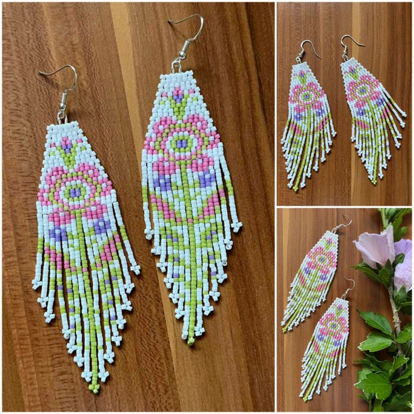 long bead native earrings • floral tassel • dangling fringe • indigenous • wedding • party • white-hot-pink-green • handmade flower jewelry