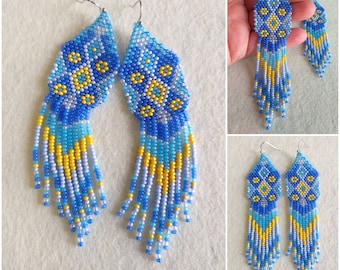 beaded long tassel earrings • blue-yellow-white geometric pattern • handmade Ukrainian style jewelry for women