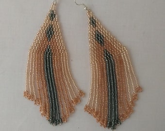 long bead fringe earrings • statement • beige grey • big beaded tassel • party • beach • western • boho • handmade native jewelry for womens