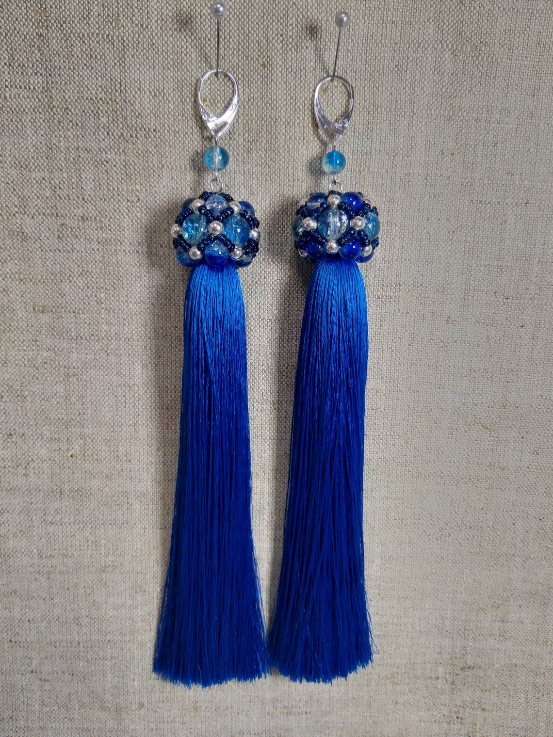 Blaue Quasten Ohrringe Lange Seide Ohrringe Hängende Perlen | Etsy