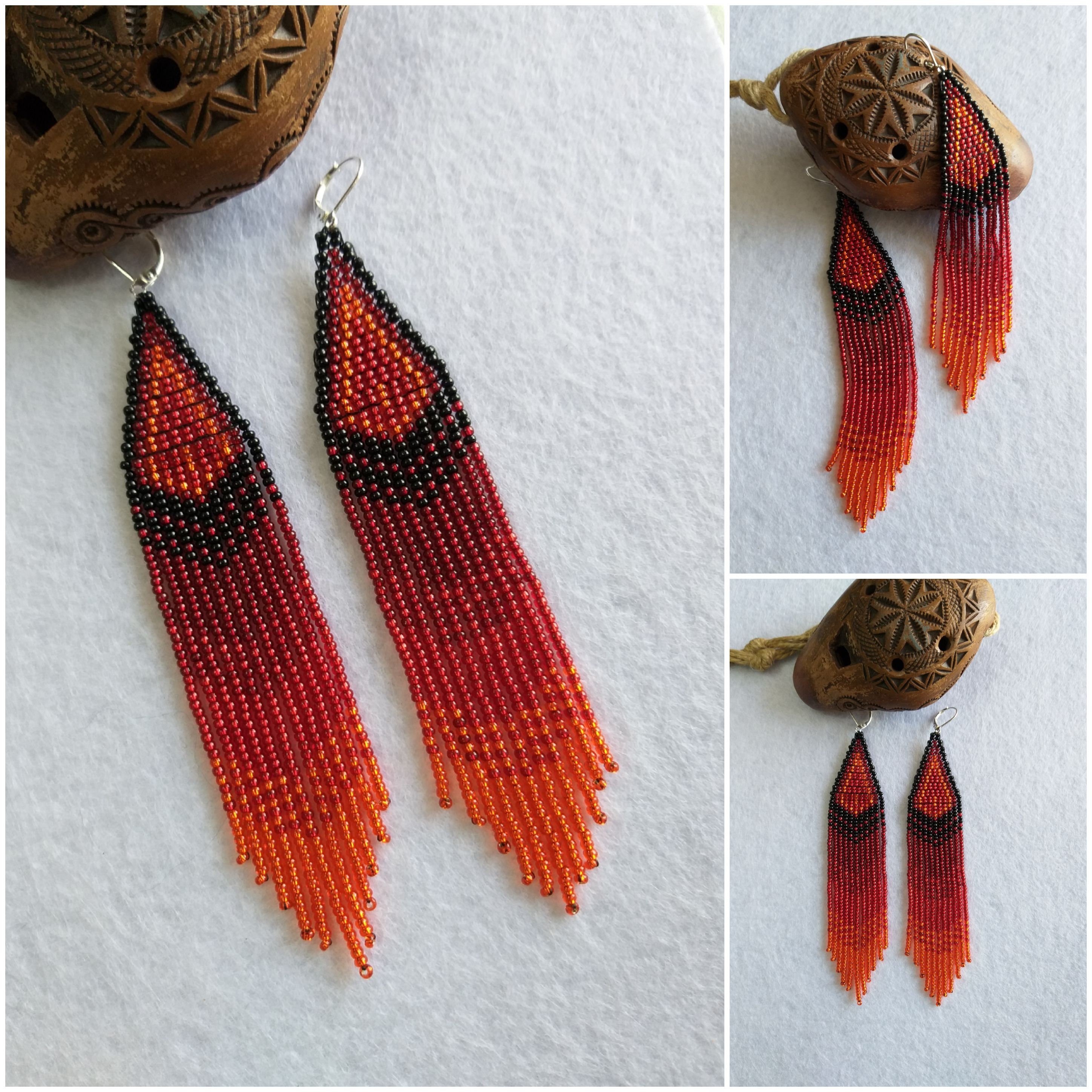 Red native beaded earrings long fringe dangling gradient Etsy