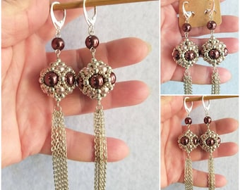 chunky chandelier earrings • long chains tassels • sterling silver leverback • big woven bead ball • handmade beadwork jewelry