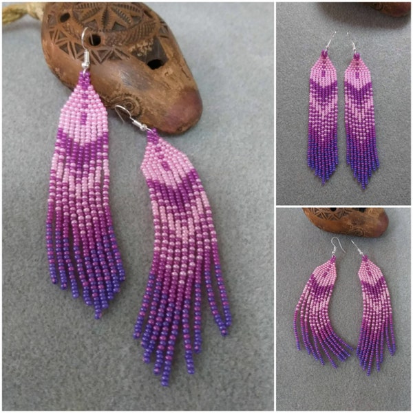 native long bead earrings • hot pink-lilac-purple beaded fringe • statement tassels • indigenous • girly homemade american jewelry for women