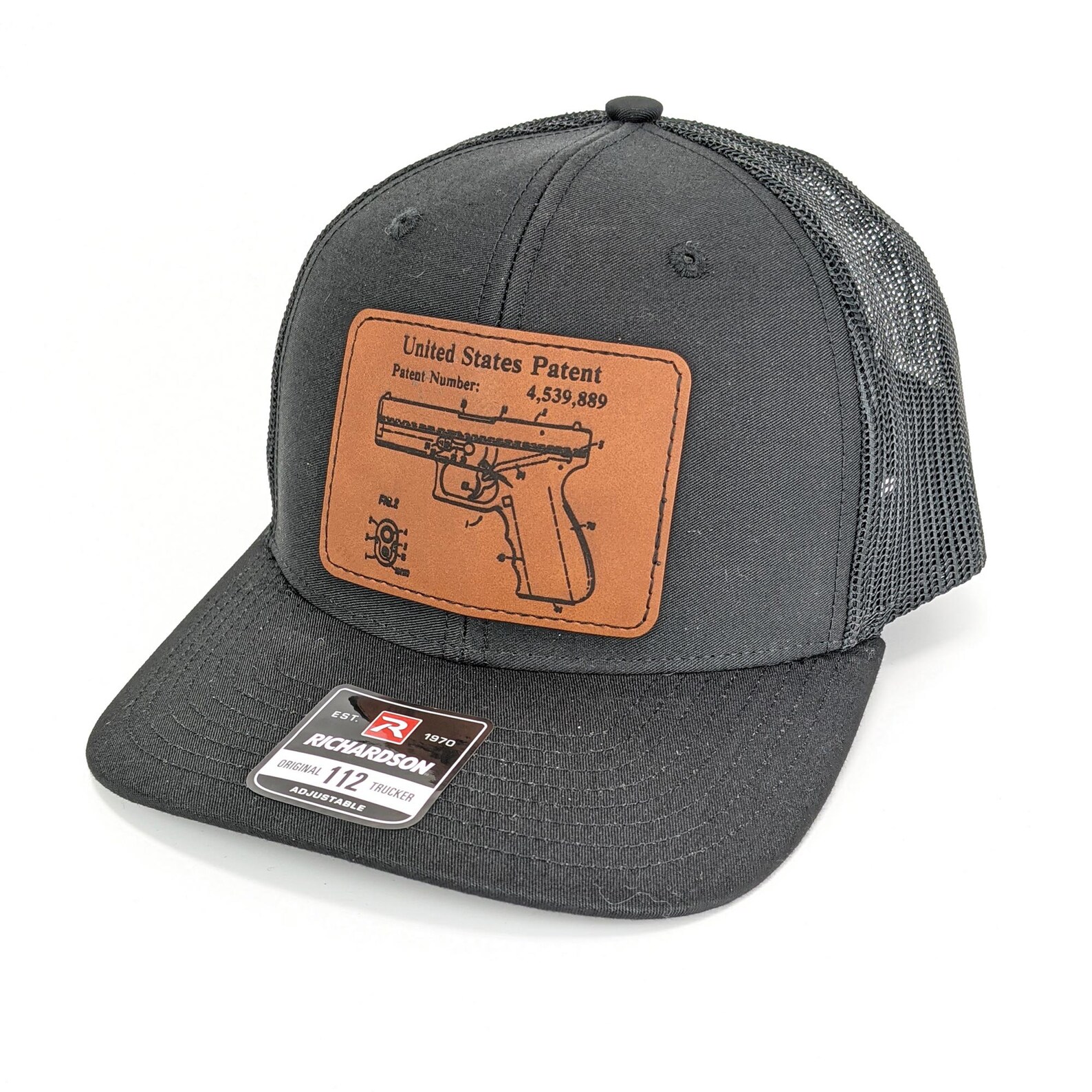 Snapback Trucker Hat W/leather Patch Glock Patent Black Etsy