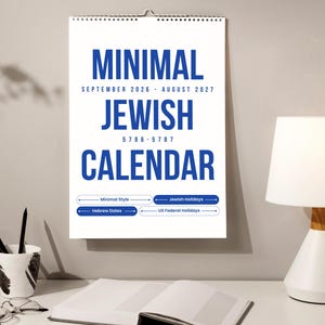 Joodse Wandkalender 5786 (2025-2026) – Minimalistisch Design, Beschrijfbaar, Met Alle Feestdagen En Paraschot