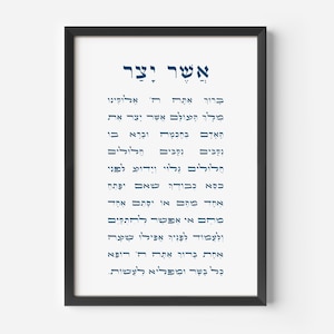 May include: A framed print with Hebrew text in a dark teal color on a white background. The black frame surrounds the text, which is arranged in vertical columns. The print is a religious item.