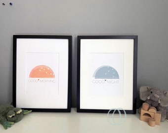 Nursery Decor, Good Morning, Good Night, Newborn baby gift, Nursery Print, baby gift, Set of 2 prints, Sunshine, Moon Print, Baby Shower