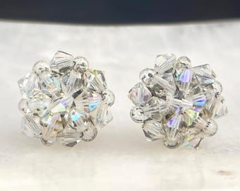 Vintage Clear Aurora Borealis Bead Clip on Earrings, Iridescent Cluster Flower Clip AB Crystals