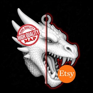 May include: A white dragon head with open mouth and sharp teeth, split down the middle with a red line. The dragon has horns and scales. The words "HIGH QUALITY MAP" are in a red circle. An orange circle with the word "Etsy" is on the right.