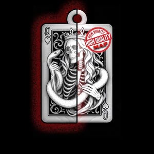 May include: A playing card design featuring a skeleton queen wearing a crown and holding a snake. The card is split vertically, with the left side showing the skeleton and the right side showing a woman with long hair. The card has a red "High Quality" stamp.