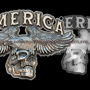 May include: A silver 3D metal sculpture of a skull with an eagle perched on top. The eagle's wings are spread out and the skull has a detailed design. The word "AMERICA" is written above the eagle and skull.