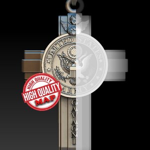 May include: A cross-shaped pendant with a detailed design, including the United States Army emblem. The pendant features an angel, text, and a circular seal. The words "High Quality" are printed on a red circle.