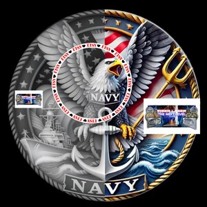 May include: A two-toned Navy-themed design featuring an eagle, anchor, and ship. The design is split into grayscale and colour, with the American flag and trident visible. The word "NAVY" is prominently displayed. The Etsy logo is also visible.