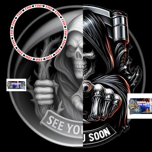 May include: A digital graphic featuring a split design of the Grim Reaper. One side is grayscale, the other is black and red. The text "SEE YOU SOON" is at the bottom. An Etsy logo circle is at the top.