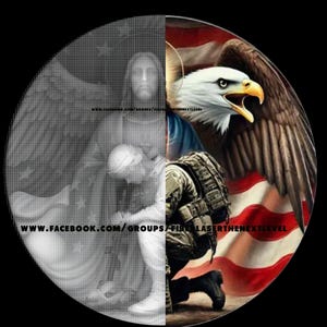 May include: A digital art piece split vertically. The left side depicts a grayscale angel with outstretched wings. The right side features a bald eagle, American flag, and a kneeling soldier in camouflage. The image includes the text: WWW.FACEBOOK.COM/GROUPS/FIBERLASERTHENEXTLEVEL.