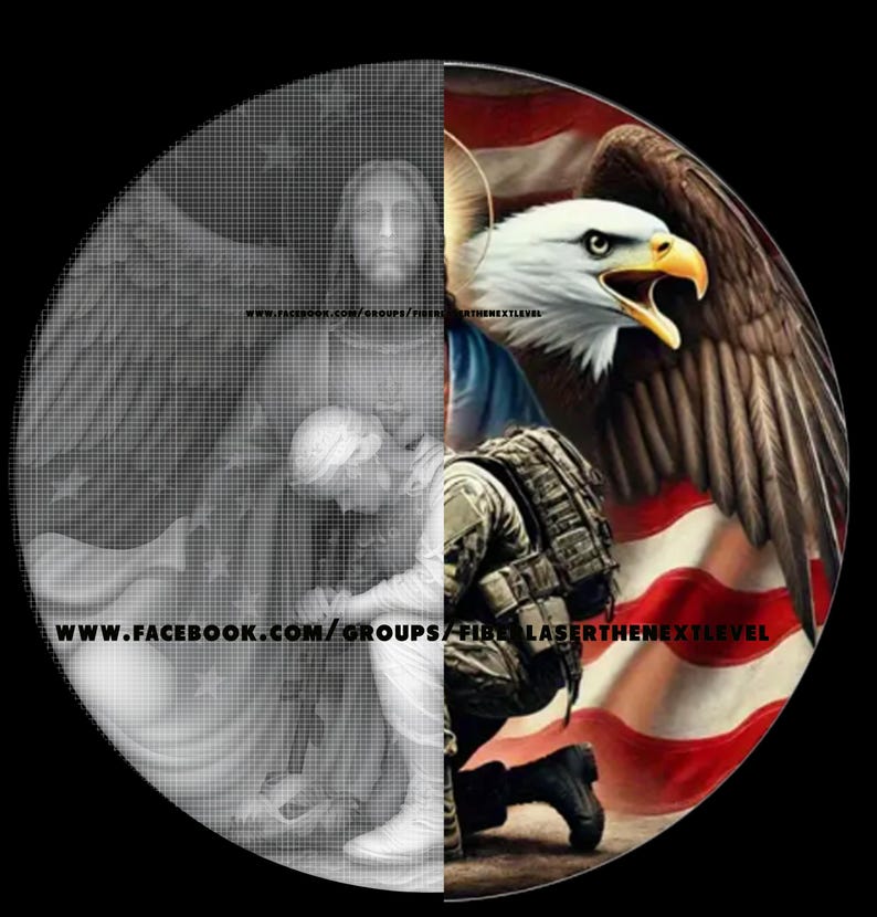 May include: A digital art piece split vertically. The left side depicts a grayscale angel with outstretched wings. The right side features a bald eagle, American flag, and a kneeling soldier in camouflage. The image includes the text: WWW.FACEBOOK.COM/GROUPS/FIBERLASERTHENEXTLEVEL.