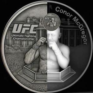 Peut inclure: Une pièce de monnaie en argent représentant un combattant de l'UFC dans un ring, avec le texte "UFC Ultimate Fighting Championship". La pièce comprend également une petite image incrustée du combattant et le nom "Conor McGregor".