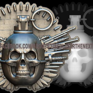 May include: A metallic emblem featuring a skull-shaped grenade with a detailed skull face. The design includes rifles, bullets, and knives, with text that reads "WWW.FACEBOOK.COM/GROUPS/STEELERSFORTHENEXTLEVEL".