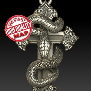 May include: Silver pendant depicting a snake entwined around a cross. The snake and cross are highly detailed. The pendant has a loop for a chain. A red and white "HIGH QUALITY MAP" seal is in the image.