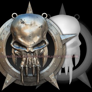 May include: A silver-colored skull pendant with sharp teeth and a five-pointed star design. The pendant is attached to a chain and has a worn, aged look.