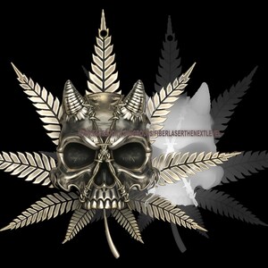 May include: A silver skull with horns and a cannabis leaf design. The skull has a detailed design with a cross-hatched pattern and a rope tied around the head. The leaf is made of gold metal and has a detailed vein pattern.